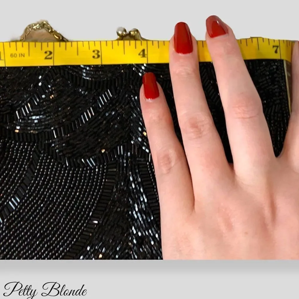 Elegant Black Beaded Clutch: Stunning Beadwork,‎ Dainty Strap, & Bronze Hardware
